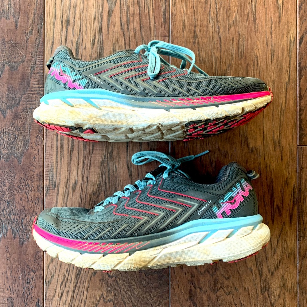 Hoka One One Clifton 4 gray pink blue running sneakers shoes size 7